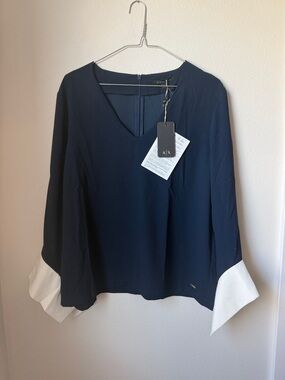 A/X Armani Exchange Navy V-Neck Blouse with White Flared Cuffs